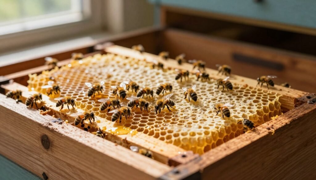 A detailed close-up of a queen bee cage in a wooden bee box, nestled among frames filled with honeycomb. The cage features intricate holes, allowing worker bees to communicate and interact with the queen inside. Vibrant colors of honey and wax contrast with the warm, rustic tones of the bee box. Soft, natural sunlight filters through a nearby window, casting gentle shadows and enhancing the textures of the wood and bees. In the background, blurred frames of busy bees working harmoniously evoke a sense of community. This serene and focused atmosphere emphasizes the importance of safely managing the queen's release. The scene is devoid of distractions, ensuring the queen cage remains the central focus, highlighting its role in promoting colony health.