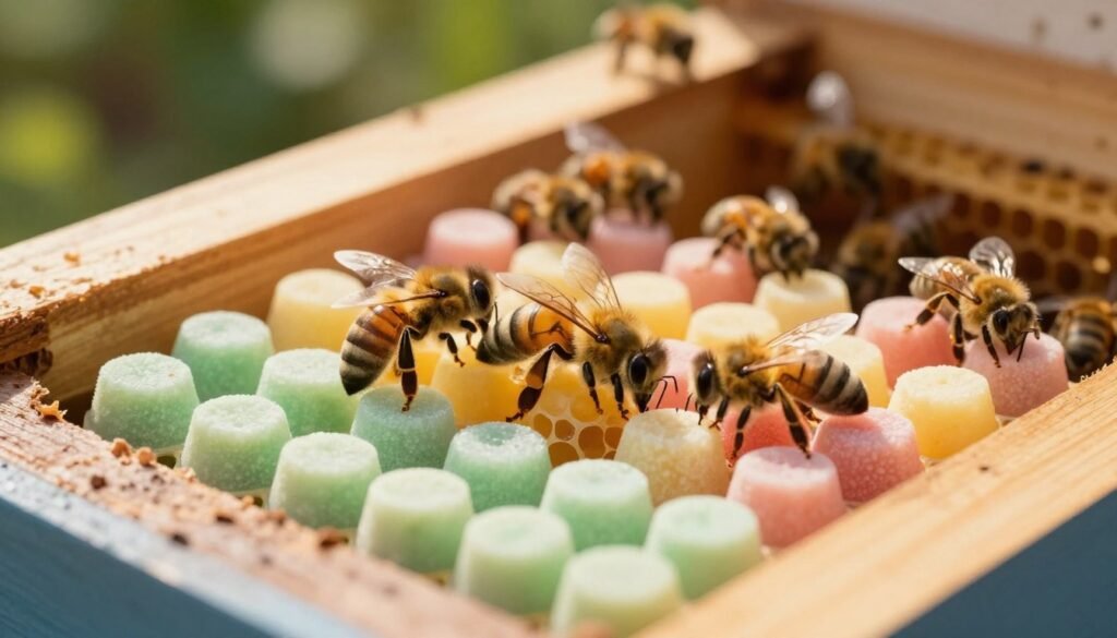 A detailed close-up of a queen bee cage, prominently featuring a newly introduced queen bee nestled among candy plugs, surrounded by worker bees gently interacting with their new leader. In the foreground, the vibrant yellow and black of the queen bee contrasts with the soft, pastel colors of the candy plugs. The middle ground reveals a wooden beehive frame, meticulously constructed, with honeycombs visible in the background. The image is bathed in warm, natural lighting to create an inviting atmosphere, mimicking the soft glow of a sunny day in a garden. A low angle shot captures the intricate details of the bees' delicate activities, evoking a sense of harmony and productivity.