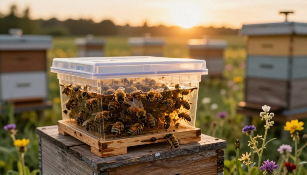A detailed close-up of a queen bee cage, specifically designed for package bees, set on a rustic wooden hive. In the foreground, the cage is adorned with a transparent plastic lid showing a queen bee securely contained within while surrounded by worker bees. In the middle, a variety of small, vibrant wildflowers and bee-friendly plants can be seen growing at the base of the hive, creating a lush, inviting environment. In the background, a gently blurred out apiary filled with beehives under a warm, golden sunset, casting a soft, warm glow over the scene. The overall atmosphere is serene and educational, evoking the essence of beekeeping and the delicate balance of nature.