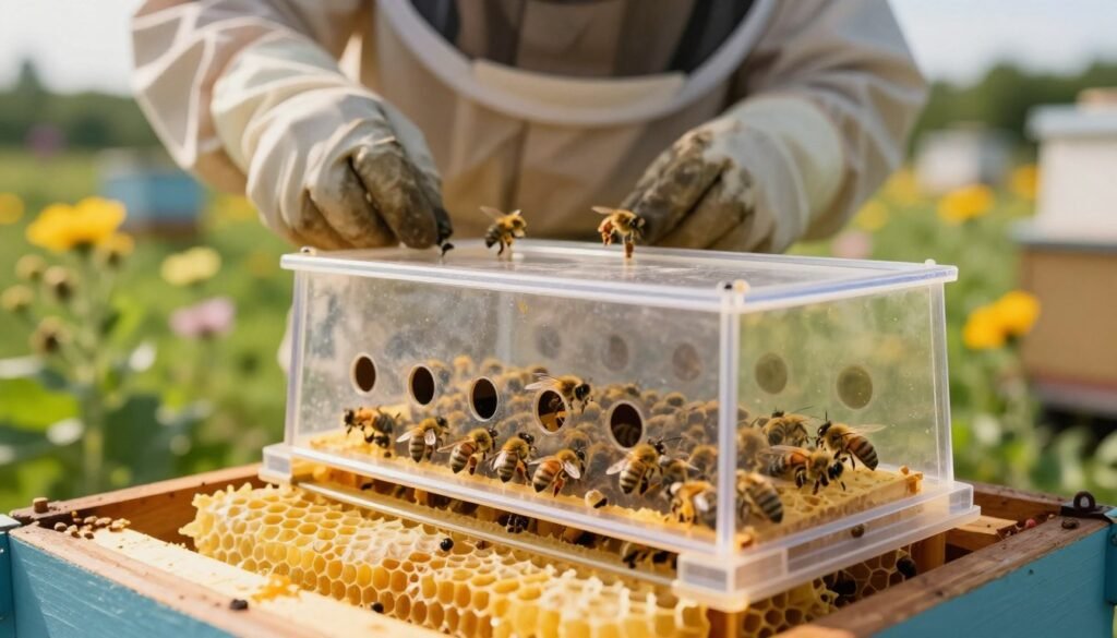 A detailed close-up of a queen bee safely placed inside a transparent caging device, showcasing the intricate design of the cage with small entrance holes. In the foreground, vibrant honeycomb frames are partially visible, illustrating the beekeeping environment. The midground features a beekeeper wearing a protective suit and gloves, gently handling the caging technique, ensuring a clear focus on their methodical approach to bee care. The background displays a lush apiary with green foliage and blooming flowers, bathed in warm, soft sunlight to create a serene and focused atmosphere. Capture this scene with a shallow depth of field to emphasize the queen bee and cage while softly blurring the beekeeper and surrounding landscape, conveying the importance of this primary technique in mite management. A detailed close-up of a queen bee safely placed inside a transparent caging device, showcasing the intricate design of the cage with small entrance holes. In the foreground, vibrant honeycomb frames are partially visible, illustrating the beekeeping environment. The midground features a beekeeper wearing a protective suit and gloves, gently handling the caging technique, ensuring a clear focus on their methodical approach to bee care. The background displays a lush apiary with green foliage and blooming flowers, bathed in warm, soft sunlight to create a serene and focused atmosphere. Capture this scene with a shallow depth of field to emphasize the queen bee and cage while softly blurring the beekeeper and surrounding landscape, conveying the importance of this primary technique in mite management.