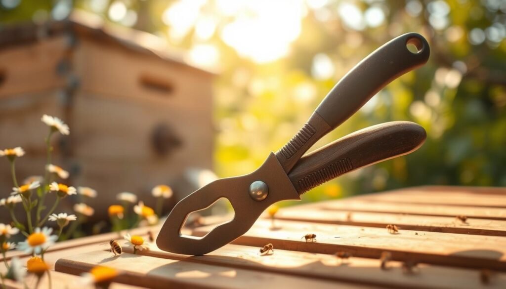 A detailed close-up of a queen catcher tool prominently placed in the foreground, showcasing its key features like the ergonomic handle and latching mechanism. The middle ground includes soft, naturalistic elements such as a gently textured wooden beehive and scattered wildflowers in subtle hues. In the background, a blurred, sunlit garden scene evokes the tranquility of a beekeeping environment, with dappled sunlight filtering through leaves, creating a warm, inviting atmosphere. The image should have soft, diffused lighting that enhances the warmth and intricacy of the queen catcher, with a shallow depth of field to draw the viewer's focus to the tool's craftsmanship. The overall mood is peaceful and educational, appealing to beginner beekeepers looking to learn about essential tools.
