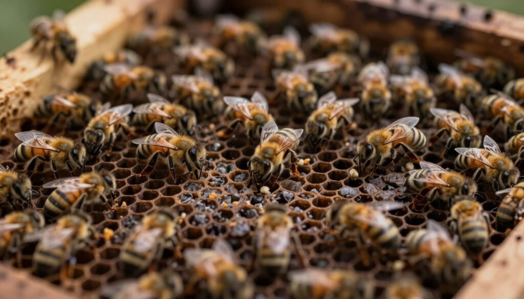 A detailed close-up of a queenless bee colony, showcasing the distinct brood pattern characteristics. In the foreground, focus on the empty honeycomb cells and scattered bee larvae in varied stages of development, emphasizing irregularities in the brood pattern. In the middle, depict worker bees exhibiting signs of distress and disorganization, creating a sense of urgency and confusion. The background should feature blurred hive structures, capturing a dimly lit, slightly chaotic atmosphere inside a beehive. The lighting is soft and warm, highlighting the bees and brood while casting subtle shadows. The overall mood should evoke contemplation and concern, perfect for illustrating the differences in brood patterns.