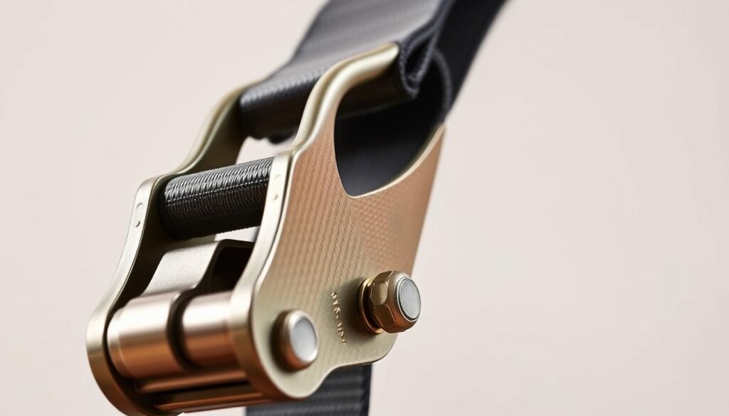 A detailed close-up of a ratchet strap set against a neutral background. The foreground features the ratchet mechanism prominently, showcasing its metallic gears and sturdy handle, glinting under soft, diffuse lighting to highlight its textures and craftsmanship. In the middle ground, an extended strap unravels, made of durable webbing with visible stitching and a strong buckle, illustrating its capacity for heavy loads. The background remains soft and out of focus, hinting at a subtle workshop or outdoor setting, emphasizing a practical and industrial atmosphere. The image captures the essence of reliability and strength, creating a mood of confidence in secure transport. The angle should be slightly tilted, offering depth and a dynamic perspective.