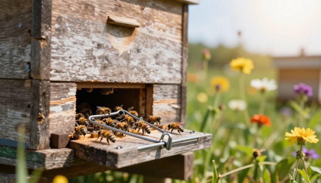 A detailed close-up of a rustic beehive entrance, featuring a weathered wooden hive with a slightly open door, revealing bees bustling in and out. In the foreground, a simple metal mouse guard rests against the hive’s entrance, showcasing its function of protecting the bees from mice. The middle ground displays a vibrant array of flowers and greenery, hinting at a healthy ecosystem surrounding the hive. The background features a bright, sunny sky gently diffusing warm sunlight, creating a serene yet industrious atmosphere. Focus on capturing the intricate details of the hive texture, the bees' activity, and the overall harmony of nature. Aim for a soft focus with a slight depth of field to accentuate the hive while maintaining clarity of the surrounding environment.