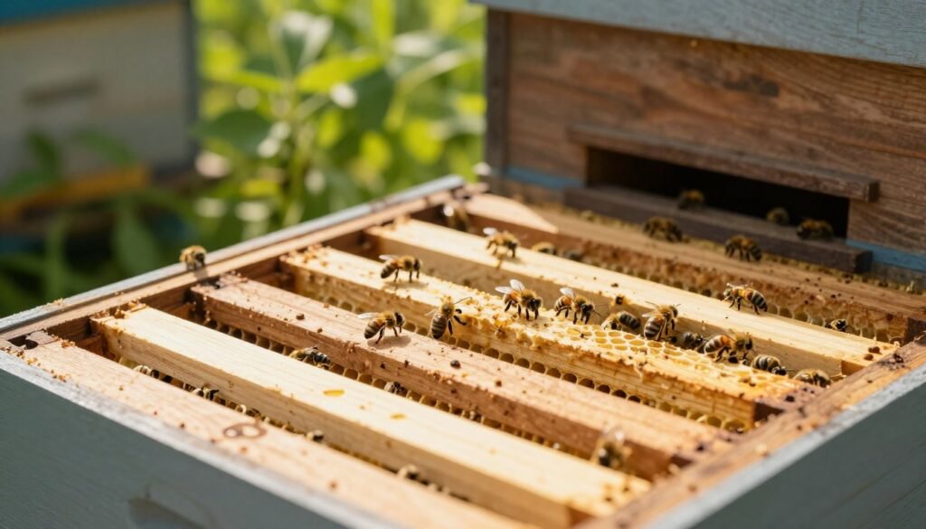 A detailed close-up of a slatted rack system inside a thriving summer bee hive, showcasing the structural benefits that enhance bee productivity. In the foreground, focus on the slatted rack's slats made from natural wood, illustrating optimal air circulation and space for bees to thrive. In the middle ground, a few bees can be seen busily working on honeycomb frames, highlighting their activity. The background features the hive's entrance with sunlight filtering through lush green foliage, creating a serene yet industrious atmosphere. Use soft, warm lighting to evoke a sense of summer, with a shallow depth of field to keep the focus on the rack while gently blurring the hive's surroundings, conveying harmony and productivity in hive management.