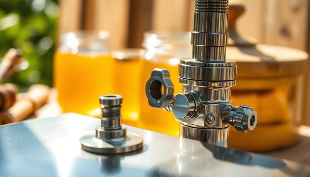 A detailed close-up of a stainless steel honey gate, featuring smooth, reflective surfaces and intricate mechanisms. The honey gate is positioned prominently in the foreground, with its outlet spout and valve clearly visible, showcasing its functionality and craftsmanship. In the middle ground, there are jars of golden honey, adding a touch of warmth and illustrating the product's purpose. The background features a soft-focus of a wooden beekeeping setting, such as a honey extractor and beeswax, enhancing the beekeeping theme. The image is illuminated by natural light, creating a warm and inviting atmosphere, with soft shadows highlighting the metal's shine and the textures of the surrounding elements. Opt for a slightly elevated angle for depth. A detailed close-up of a stainless steel honey gate, featuring smooth, reflective surfaces and intricate mechanisms. The honey gate is positioned prominently in the foreground, with its outlet spout and valve clearly visible, showcasing its functionality and craftsmanship. In the middle ground, there are jars of golden honey, adding a touch of warmth and illustrating the product's purpose. The background features a soft-focus of a wooden beekeeping setting, such as a honey extractor and beeswax, enhancing the beekeeping theme. The image is illuminated by natural light, creating a warm and inviting atmosphere, with soft shadows highlighting the metal's shine and the textures of the surrounding elements. Opt for a slightly elevated angle for depth.