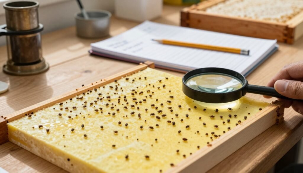 A detailed close-up of a sticky board covered with Varroa mites, set on a wooden table in a well-lit workshop. In the foreground, the sticky board is prominently displayed, showcasing the clear count of mites against the bright yellow surface, with a small magnifying glass included to emphasize examination. The middle ground features an open notebook with handwritten notes and a pencil, suggesting interpretation of the results. In the background, soft-focus images of beekeeping tools, such as a smoker and hive frames, hint at the context of beekeeping. The lighting is bright and natural, casting soft shadows that enhance the texture of the sticky board. The overall mood is analytical and focused, portraying a diligent beekeeper determining the health status of their hive.