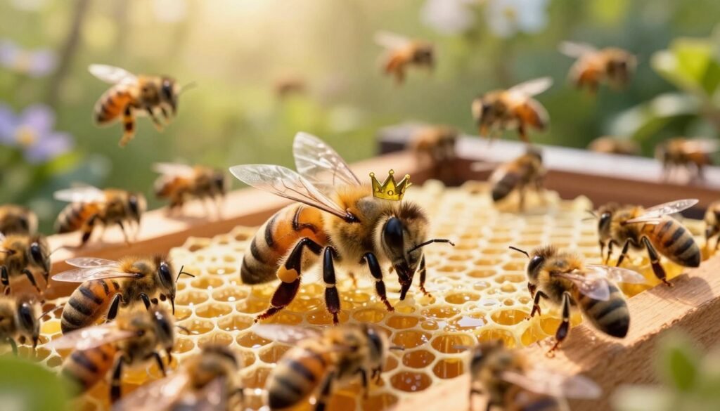 A detailed close-up of a vibrant beehive, showcasing a healthy, active colony with bees working diligently. In the foreground, prominently feature a "Direct Release Queen," illustrated as a majestic bee with a slightly larger and distinct appearance, wearing a tiny crown to signify her status. The bees surrounding her are mid-flight, engaging in various activities like feeding and guarding. In the middle ground, well-structured honeycomb cells can be seen, filled with golden honey, reflecting light. The background is a soft-focus of green foliage and flowers, suggesting a thriving garden environment. The lighting is warm and inviting, imitating late afternoon sunlight that illuminates the scene with a golden hue, creating a cheerful and productive atmosphere. The angle is slightly tilted to provide depth, showcasing both the queen's importance and the busy nature of the hive.