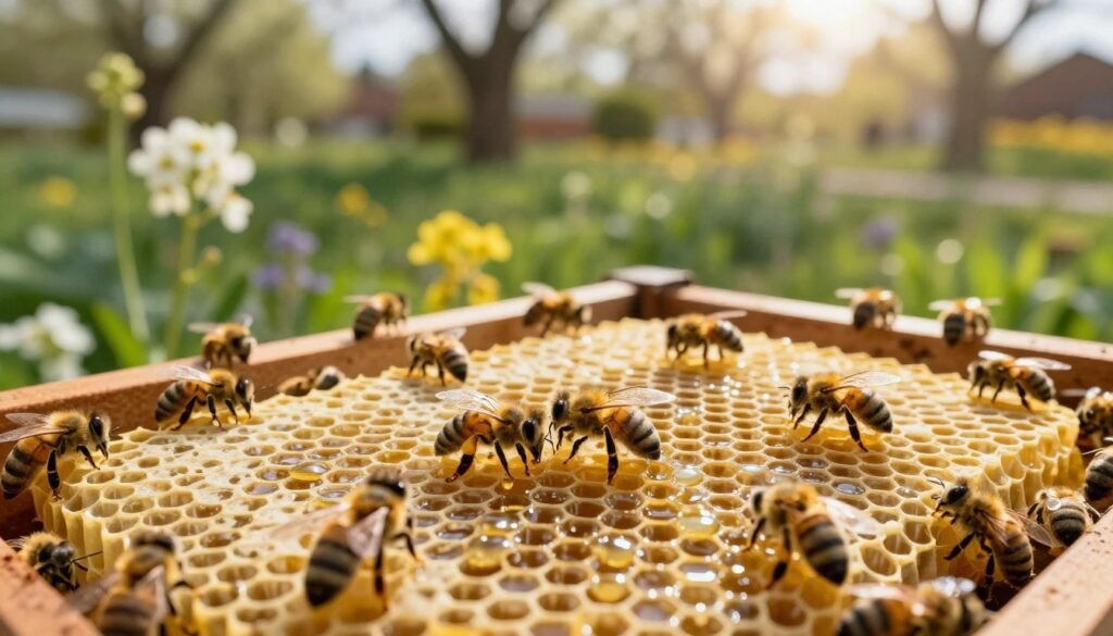 A detailed close-up of a wax production comb, showcasing its honeycomb structure, with glistening drops of honey within the cells. The foreground features vibrant yellow bees busy working on the comb, emphasizing the busy spring atmosphere. In the middle ground, a gentle blur of bees and flowers hints at the surrounding natural environment, highlighting the symbiosis between flora and fauna during the spring season. The background portrays a soft-focus garden scene with blooming wildflowers and lush greenery, illuminated by warm sunlight filtering through trees, creating a serene and industrious mood. The image should convey the intricate relationship between bees and their environment during the metabolic process of wax production, captured from a slightly elevated angle with natural lighting to enhance textures and colors.