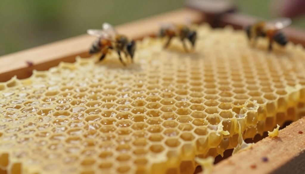A detailed close-up of a wax production comb, showcasing the intricate hexagonal cells filled with golden beeswax. In the foreground, emphasize the rich texture of the wax and its subtle sheen under warm, diffused lighting. The middle ground should include a few bees working diligently, reinforcing the theme of biological labor. In the background, depict a blurred hive environment, hinting at the natural ecosystem where the comb is found, with soft bokeh effects enhancing the depth. The overall atmosphere should convey a sense of industriousness and harmony in nature, with warm tones predominating the scene. Use a macro lens perspective to highlight the fine details in the wax structure, creating an immersive and educational visual experience.