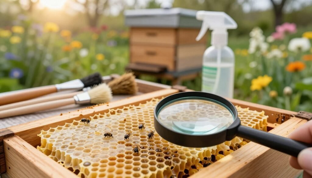 A detailed close-up of a wooden bee frame, showcasing meticulously arranged drawn comb, with a focus on the clean, wax surface where potential wax moth eggs could be. In the foreground, a magnifying glass is placed over the frame, emphasizing the need for inspection. The middle layer includes various tools for bee maintenance like brushes and a spray bottle with a protective natural solution for prevention. In the background, a soft-focus image of a wooden beehive sits in a lush garden, surrounded by blooming flowers under soft, warm sunlight, creating a serene atmosphere. The overall mood is one of careful preparation and proactive care, highlighting the importance of maintaining beekeeping equipment for long-term insect prevention. A detailed close-up of a wooden bee frame, showcasing meticulously arranged drawn comb, with a focus on the clean, wax surface where potential wax moth eggs could be. In the foreground, a magnifying glass is placed over the frame, emphasizing the need for inspection. The middle layer includes various tools for bee maintenance like brushes and a spray bottle with a protective natural solution for prevention. In the background, a soft-focus image of a wooden beehive sits in a lush garden, surrounded by blooming flowers under soft, warm sunlight, creating a serene atmosphere. The overall mood is one of careful preparation and proactive care, highlighting the importance of maintaining beekeeping equipment for long-term insect prevention.