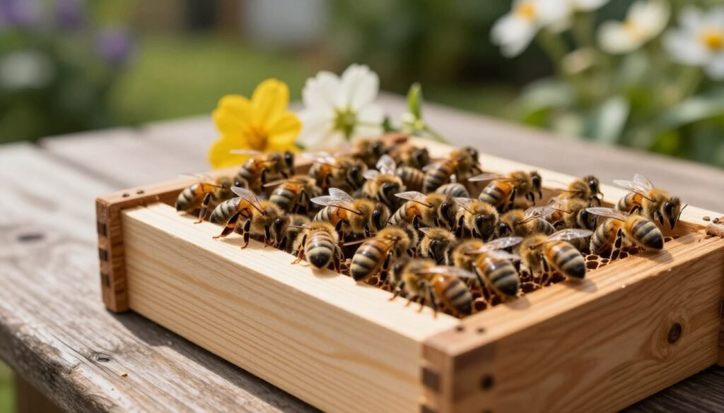 A detailed close-up of a wooden bee package, filled with live honeybees, is placed on a rustic wooden table. The bees are buzzing energetically, with some clinging to the wooden slats, showcasing their golden and black striped bodies. Soft natural lighting filters in from the left, creating gentle highlights on the bees and subtly illuminating the texture of the wood. In the middle ground, a few vibrant flowers can be seen, hinting at the bees' purpose as pollinators. The background features a blurred garden setting with greenery and blooming plants, evoking a lively, fresh atmosphere. Capture the mood of bustling activity and the essence of beekeeping as a rewarding endeavor, emphasizing a sense of natural harmony and the importance of bees in our ecosystem.
