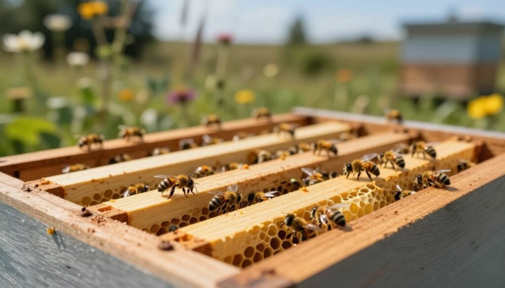 A detailed close-up of a wooden beehive frame showcasing comb guides designed for optimal bee honeycomb production. In the foreground, a well-constructed frame made of light-colored wood with precise comb guides clearly visible, expertly spaced for honeybees to follow. In the middle ground, a soft-focus blurred view of bees gently working on the frames, emphasizing their cooperative behavior in a thriving hive. The background should feature a serene outdoor setting with a soft-focus garden filled with wildflowers, under a bright blue sky, to create an uplifting atmosphere. The lighting should be warm and natural, mimicking sunlight filtering through leaves. The composition should evoke a sense of harmony and productivity in nature.