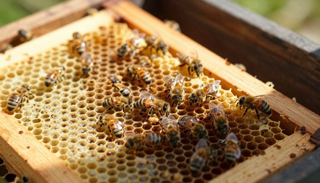 A detailed close-up of a wooden brood frame, showcasing a variety of bee activities. The frame is filled with hexagonal honeycomb cells, some containing larvae and capped brood. In the foreground, a close-up view of several bees tending to the cells, emphasizing their roles in the colony. The middle ground reveals more frames, slightly blurred, allowing focus on the detailed texture of the brood cells and bees. Background features the interior of a beehive with warm, natural sunlight filtering in, casting soft shadows. The scene evokes a sense of discovery and meticulous observation, perfect for illustrating a methodical inspection process in beekeeping. The lighting is natural, bright but soft, highlighting the intricate details of the bees and their habitat.