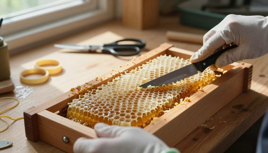 A detailed close-up of a wooden comb frame being prepared for use, showcasing wild comb with honeycomb structure intricately filled with golden honey. In the foreground, a pair of hands wearing gloves gently cut the wild comb using a sharp knife, meticulously removing excess wax. The middle ground includes tools like rubber bands, scissors, and a sturdy workbench, reflecting an organized workspace. The background features soft, warm daylight filtering through a nearby window, casting gentle shadows that enhance the atmosphere of craftsmanship. The overall mood is focused and industrious, ideal for showcasing the meticulous process of cutting and rubber-banding comb into frames, highlighting the delicate balance of nature and craftsmanship. A detailed close-up of a wooden comb frame being prepared for use, showcasing wild comb with honeycomb structure intricately filled with golden honey. In the foreground, a pair of hands wearing gloves gently cut the wild comb using a sharp knife, meticulously removing excess wax. The middle ground includes tools like rubber bands, scissors, and a sturdy workbench, reflecting an organized workspace. The background features soft, warm daylight filtering through a nearby window, casting gentle shadows that enhance the atmosphere of craftsmanship. The overall mood is focused and industrious, ideal for showcasing the meticulous process of cutting and rubber-banding comb into frames, highlighting the delicate balance of nature and craftsmanship.