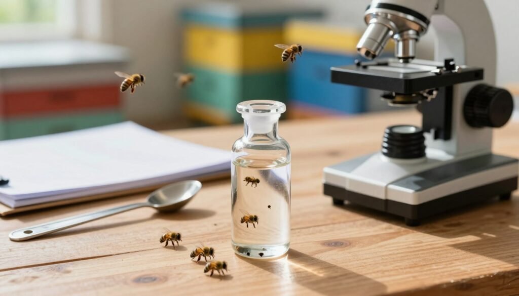 A detailed close-up of an alcohol wash mite count setup for beekeepers, featuring a transparent vial filled with alcohol, a small known quantity of bees, and a microscope positioned on a wooden table. In the foreground, display several visible varroa mites in the vial, emphasizing their distinct shape and size. In the middle, include all essential equipment: a small measuring spoon, a dropper, and a notepad for recording results. The background should have a blurred image of vibrant beehives with bees flying around, creating a lively but focused atmosphere. Natural lighting coming from a nearby window highlights the glass and metal tools, casting soft shadows on the table’s surface. The mood should be practical and informative, intended for an educational context.