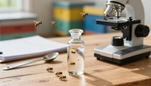 A detailed close-up of an alcohol wash mite count setup for beekeepers, featuring a transparent vial filled with alcohol, a
