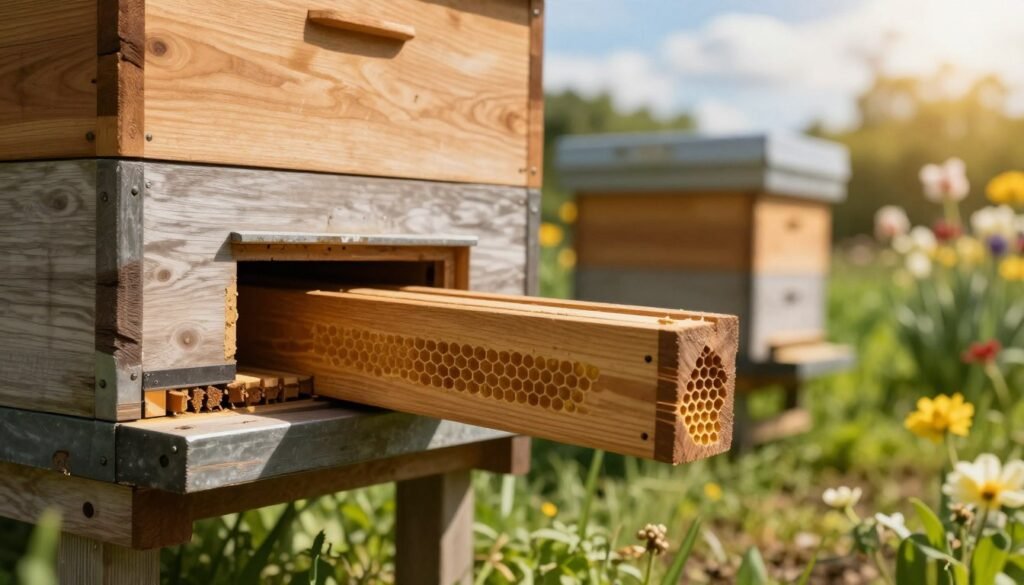 A detailed close-up of an entrance reducer for a beehive, crafted from durable wood and metal, showcasing its intricate design and functionality. The foreground features the entrance reducer prominently, with honeycomb patterns delicately engraved on its surface. In the middle, a rustic wooden beehive sits nestled in a serene garden, surrounded by blooming flowers and vibrant greenery, enhancing the natural setting. The background includes a soft-focus image of a sunny sky with scattered clouds, casting warm, golden sunlight that gives the scene a peaceful and inviting atmosphere. The overall mood is one of tranquility and harmony, perfect for highlighting the importance of carefully installed beekeeping equipment. The image should be sharp and well-lit, capturing every detail with clarity.