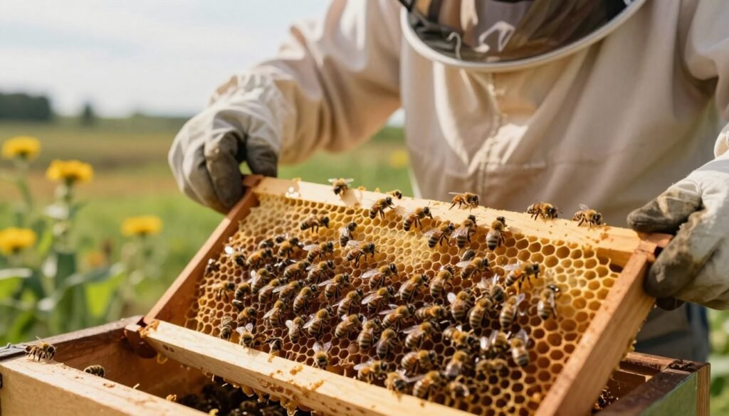 A detailed close-up of an open beehive frame being carefully inspected by an experienced beekeeper in professional attire, showcasing the presence of bees properly positioned on the honeycomb. The foreground features the frame with bees, exhibiting their natural behavior, while the middle shows the beekeeper's gloved hands gently rotating the frame. In the background, a soft-focus farm landscape with flowering plants and a bright sky evokes a sense of harmony in nature. Lighting is warm and soft, highlighting the golden honey and the delicate texture of the bees. The angle captures the rotation motion, creating a dynamic yet peaceful atmosphere that emphasizes the importance of maintaining colony stability. A detailed close-up of an open beehive frame being carefully inspected by an experienced beekeeper in professional attire, showcasing the presence of bees properly positioned on the honeycomb. The foreground features the frame with bees, exhibiting their natural behavior, while the middle shows the beekeeper's gloved hands gently rotating the frame. In the background, a soft-focus farm landscape with flowering plants and a bright sky evokes a sense of harmony in nature. Lighting is warm and soft, highlighting the golden honey and the delicate texture of the bees. The angle captures the rotation motion, creating a dynamic yet peaceful atmosphere that emphasizes the importance of maintaining colony stability.