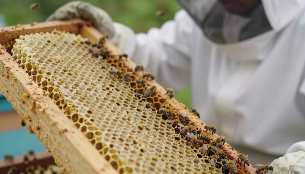 A detailed close-up of burr comb, showcasing its unique texture and structure. The foreground features the rough, waxy surface of burr comb, highlighting the irregularities and jagged edges created by bee activity. In the middle ground, a beekeeper wearing a protective suit carefully inspects the comb, emphasizing the importance of handling it with care to prevent disease spread. The background depicts a gently blurred hive with bees buzzing around, contributing to a natural yet controlled environment. Soft natural lighting illuminates the scene, creating a calm and clinical atmosphere. The angle is slightly tilted to emphasize the burr comb’s significance in managing hive health, reinforcing the need for prompt removal of diseased comb for hive preservation.