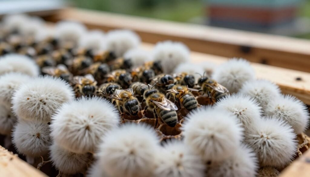 A detailed close-up of chalkbrood fungus on honeybee larvae, showcasing the distinctive white, fluffy mycelium growth and the darkened, mummified bodies of infected larvae. The foreground features the intricate texture of the fungus, with spores visibly dispersed. In the middle, an uncapped honeycomb cell reveals the dark interior where the larvae are affected, emphasizing the relationship between the fungus and its host. The background should be softly blurred, suggesting an apiary environment with wooden hive frames and a gentle out-of-focus ambiance. Use natural lighting to create a slightly eerie yet educational atmosphere, with a macro lens perspective to highlight details, inviting the viewer to explore this fungal pathogen's impact on bee populations. A detailed close-up of chalkbrood fungus on honeybee larvae, showcasing the distinctive white, fluffy mycelium growth and the darkened, mummified bodies of infected larvae. The foreground features the intricate texture of the fungus, with spores visibly dispersed. In the middle, an uncapped honeycomb cell reveals the dark interior where the larvae are affected, emphasizing the relationship between the fungus and its host. The background should be softly blurred, suggesting an apiary environment with wooden hive frames and a gentle out-of-focus ambiance. Use natural lighting to create a slightly eerie yet educational atmosphere, with a macro lens perspective to highlight details, inviting the viewer to explore this fungal pathogen's impact on bee populations.