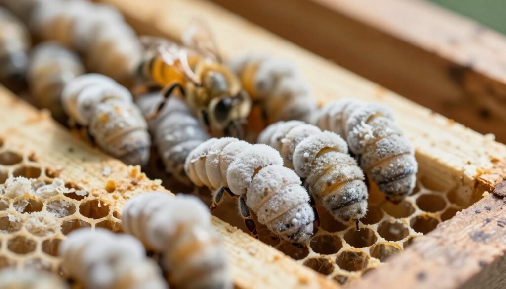 A detailed close-up of chalkbrood-infected drone bee larvae nestled within honeycomb frames, showcasing the characteristic white fungal mycelium coating the decaying larvae. In the foreground, focus on the larval stage, highlighting the texture of the fungal growth and the surrounding wax cells. In the middle ground, include several uninfected larvae, contrasting their healthy, golden coloration against the pale chalkbrood. The background should feature softly blurred frames of honeycomb, with a warm, natural lighting simulating sunbeams filtering through a beehive. The overall mood should evoke curiosity and a sense of caution about managing fungal pathogens in bee populations, with an emphasis on the intricate details of the infestation.