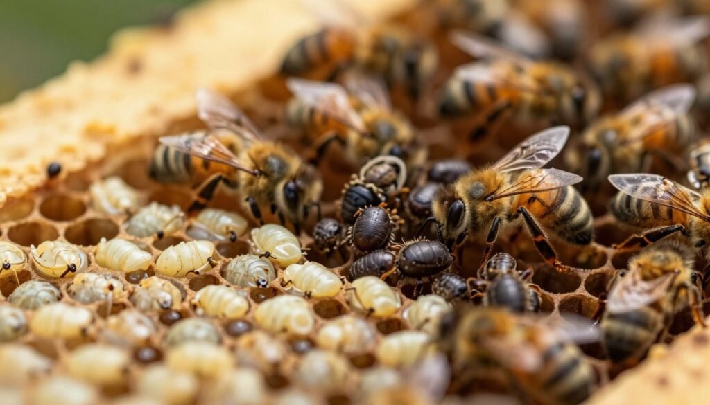 A detailed close-up of developing brood cells within a honeybee hive, showcasing a variety of stages of Varroa mite reproduction. In the foreground, glistening honeycomb cells filled with pale, creamy larvae surrounded by a mix of dark brown beeswax. In the middle, some cells reveal Varroa mites nestled against the larvae, highlighting their role in the reproductive phase. The background is softly blurred, hinting at a larger hive environment, with warm golden lighting emanating from the comb. The atmosphere is one of quiet intensity, conveying the complex and delicate interaction between bees and mites. Use a macro lens perspective to enhance the intricate textures of the honeycomb and the microscopic details of the mites.