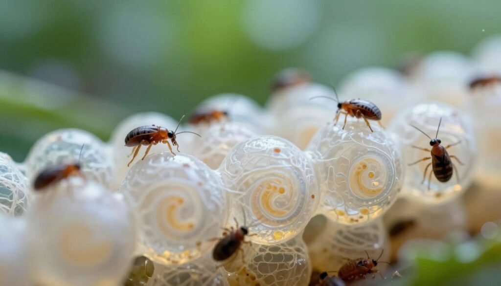 A detailed close-up of genetic resistance brood cells, showcasing their unique structure and intricate design. The foreground features several brood cells, semi-transparent, with swirling patterns hinting at genetic material within, illuminated by a soft, diffused light that creates a sense of depth. In the middle ground, include a few phoretic mites interacting with the brood cells, emphasizing their behavior in a natural setting. The background should be a soft-focus, depicting a lush environment with gentle bokeh effects to suggest a thriving ecosystem. The overall atmosphere is vibrant and enlightening, highlighting the resilience of these biological entities against natural threats, captured from a slightly angled perspective to add dynamism to the composition.