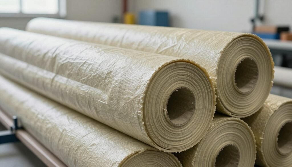 A detailed close-up of pipe insulation rolls stacked neatly in a professional setting. The foreground features the textured surface of the insulation material, highlighting its thickness and density, ensuring it appears durable and effective. In the middle ground, show partially installed sections of insulation around pipes, demonstrating correct application and alignment. The background includes a well-lit industrial environment, emphasizing cleanliness and organization, with soft shadows creating depth. The lighting should be bright yet diffused, creating an inviting atmosphere. The angle should be slightly tilted to draw attention to the insulation’s features without competing elements. The overall mood is focused and informative, illustrating best practices in pipe insulation installation.