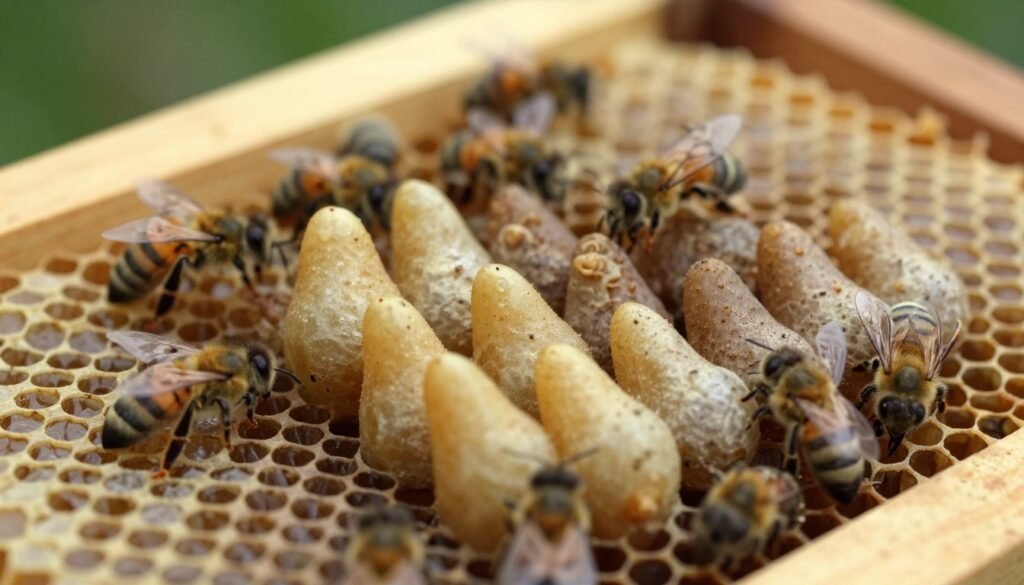 A detailed close-up of several emergency queen cells and supersedure cells on a honeycomb frame, showcasing their distinct shapes and sizes. In the foreground, emphasize the pear-shaped emergency queen cells with smooth surfaces, surrounded by worker bees tending to them. In the middle ground, depict the more elongated and vertical supersedure cells, ideally with a few bees clustering around them. The background should include blurred honeycomb structures to provide depth. Illuminate the scene with soft, natural lighting to highlight the fine textures of the beeswax and the intricate details of the cells. Capture it from a slightly elevated angle for a comprehensive view, creating a calm and informative atmosphere that underscores the difference between the two cell types. A detailed close-up of several emergency queen cells and supersedure cells on a honeycomb frame, showcasing their distinct shapes and sizes. In the foreground, emphasize the pear-shaped emergency queen cells with smooth surfaces, surrounded by worker bees tending to them. In the middle ground, depict the more elongated and vertical supersedure cells, ideally with a few bees clustering around them. The background should include blurred honeycomb structures to provide depth. Illuminate the scene with soft, natural lighting to highlight the fine textures of the beeswax and the intricate details of the cells. Capture it from a slightly elevated angle for a comprehensive view, creating a calm and informative atmosphere that underscores the difference between the two cell types.