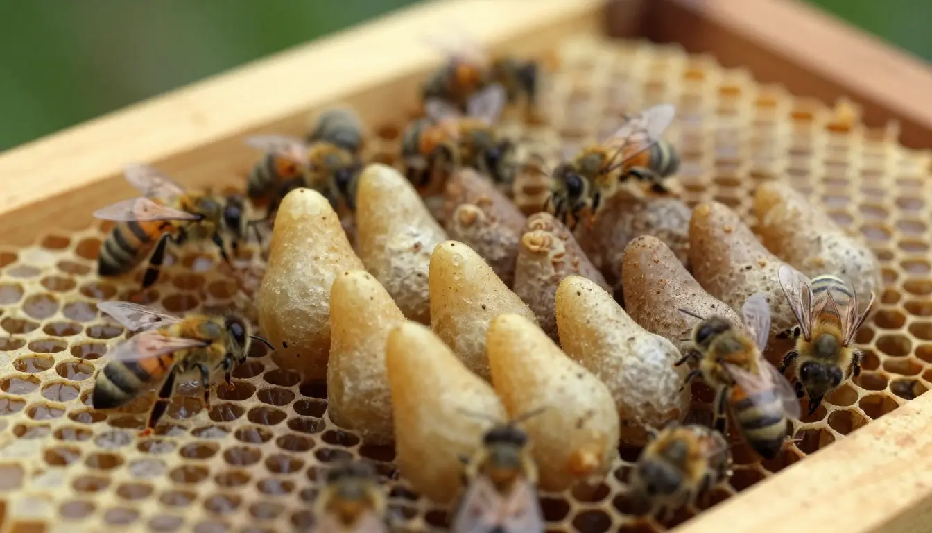 A detailed close-up of several emergency queen cells and supersedure cells on a honeycomb frame, showcasing their distinct
