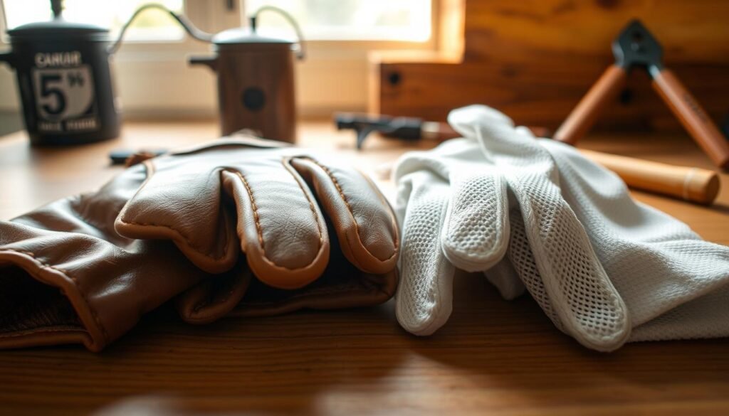 A detailed close-up of two types of beekeeping gloves laid side by side on a wooden table. On the left, a pair of supple, brown leather gloves, showcasing their textured surface and reinforced stitching, catching soft sunlight filtering through a window, highlighting their rich color and durability. On the right, a pair of light, synthetic gloves in white, with breathable mesh sections visible, demonstrating their lightweight design. In the background, blurred beekeeping tools like a smoker and a hive tool create a warm, rustic atmosphere, evoking a sense of outdoor adventure. The scene is well-lit and balanced, portraying a serene mood of safety and professionalism, suitable for novice beekeepers exploring their options.