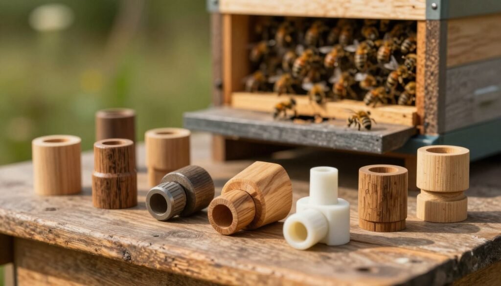 A detailed close-up of various entrance reducers used in beekeeping, displayed on a rustic wooden table. In the foreground, feature a variety of entrance reducer sizes made from natural materials like wood and plastic, each uniquely shaped to accommodate different bee colony populations. In the middle, show a blurred beehive in the background, partially open to reveal bees calmly managing their entrance. Use warm, natural lighting to create a cozy atmosphere, capturing the essence of a thriving bee colony. The image should be shot at eye level with a shallow depth of field, emphasizing the entrance reducers while keeping the hive slightly out of focus. The mood should evoke a sense of harmony with nature, ideal for beekeeping enthusiasts.