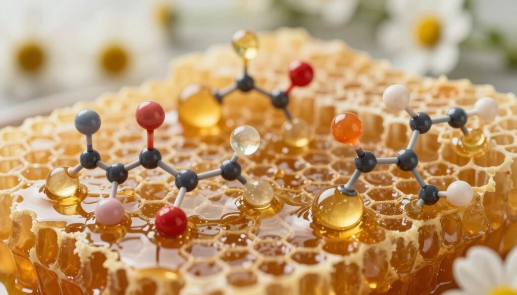 A detailed close-up of various organic acids found in honey, such as acetic acid and formic acid, depicted as vibrant, translucent liquid droplets on a honeycomb background. In the foreground, focus on the distinct molecular structures of these acids, artistically arranged to highlight their unique features. The middle ground showcases the honeycomb's texture with glistening honey pools, reflecting light in golden hues. The background is softly blurred with hints of blooming wildflowers, creating a natural ambiance that conveys the essence of honey's chemical composition. Use soft, diffused lighting to enhance the translucence of the acids, and select a macro lens angle to emphasize detail, creating a scientific yet inviting atmosphere, perfect for illustrating the important topic of honey's acidity. A detailed close-up of various organic acids found in honey, such as acetic acid and formic acid, depicted as vibrant, translucent liquid droplets on a honeycomb background. In the foreground, focus on the distinct molecular structures of these acids, artistically arranged to highlight their unique features. The middle ground showcases the honeycomb's texture with glistening honey pools, reflecting light in golden hues. The background is softly blurred with hints of blooming wildflowers, creating a natural ambiance that conveys the essence of honey's chemical composition. Use soft, diffused lighting to enhance the translucence of the acids, and select a macro lens angle to emphasize detail, creating a scientific yet inviting atmosphere, perfect for illustrating the important topic of honey's acidity.