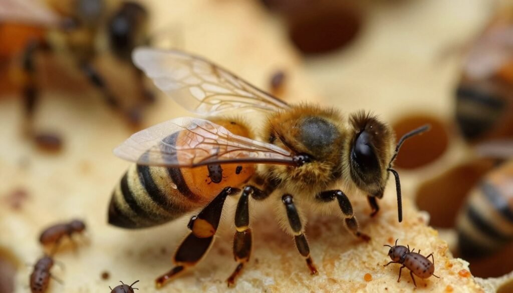 A detailed close-up of varroa mites on a honeybee's wing, showcasing their small, oval bodies and distinctive legs in high definition. In the foreground, the bee's wing is illuminated with soft, natural lighting, highlighting the delicate texture of the wing and the tiny, parasitic mites. The middle layer presents multiple varroa mites, some visible crawling on the wing’s surface, while others appear in varying stages of infestation. In the background, out-of-focus hive frames and honeycombs create a subtle, blurred context of a beehive environment. The overall mood should be atmospheric and slightly dramatic, emphasizing the critical role of monitoring pests like varroa mites for hive health. The angle should be slightly tilted to enhance the dynamic effect of the action.