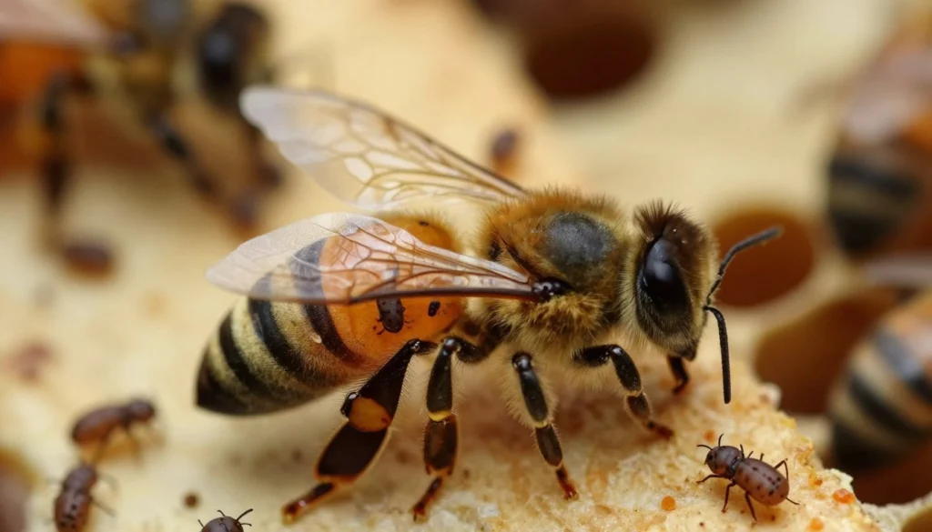 A detailed close-up of varroa mites on a honeybee's wing, showcasing their small, oval bodies and distinctive legs in high
