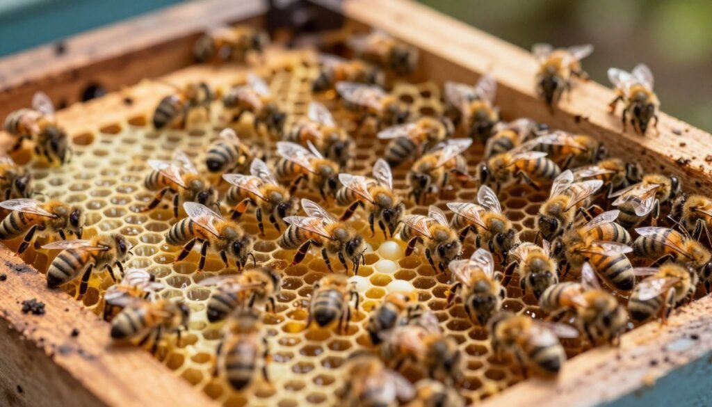 A detailed close-up view of a bee colony within a wooden beehive, showcasing bees actively engaged in comb building. In the foreground, focus on hexagonal honeycomb cells filled with golden honey and a few eggs clearly visible, highlighting the developmental stages of the colony. In the middle ground, busy worker bees are seen moving around, performing tasks such as feeding larvae and capping cells. The background features the rustic interior of the hive, with warm, natural lighting giving a gentle glow to the scene. The mood is one of industrious life, emphasizing the harmony and efficiency of the bee community. The image is captured from a slightly elevated angle, providing a comprehensive view of the comb structure and population density, all in a safe for work context.