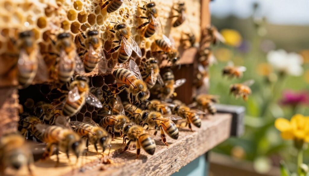 A detailed close-up view of a beehive entrance bustling with activity, showcasing numerous bees in various stages of flight and movement. In the foreground, several honeybees can be seen emerging from the hive, their delicate wings glistening against the warm sunlight. The middle section captures the hive itself, with its rustic wooden structure, showing the natural comb and tiny openings filled with buzzing bees. In the background, a blurred garden with blooming flowers provides a colorful contrast, enhancing the lively atmosphere. The lighting is soft yet bright, reflecting late afternoon sunshine. The angle is slightly low to emphasize the hive and the busy bees, creating a dynamic and engaging composition that encapsulates the vitality and organized chaos of hive entrance activity.