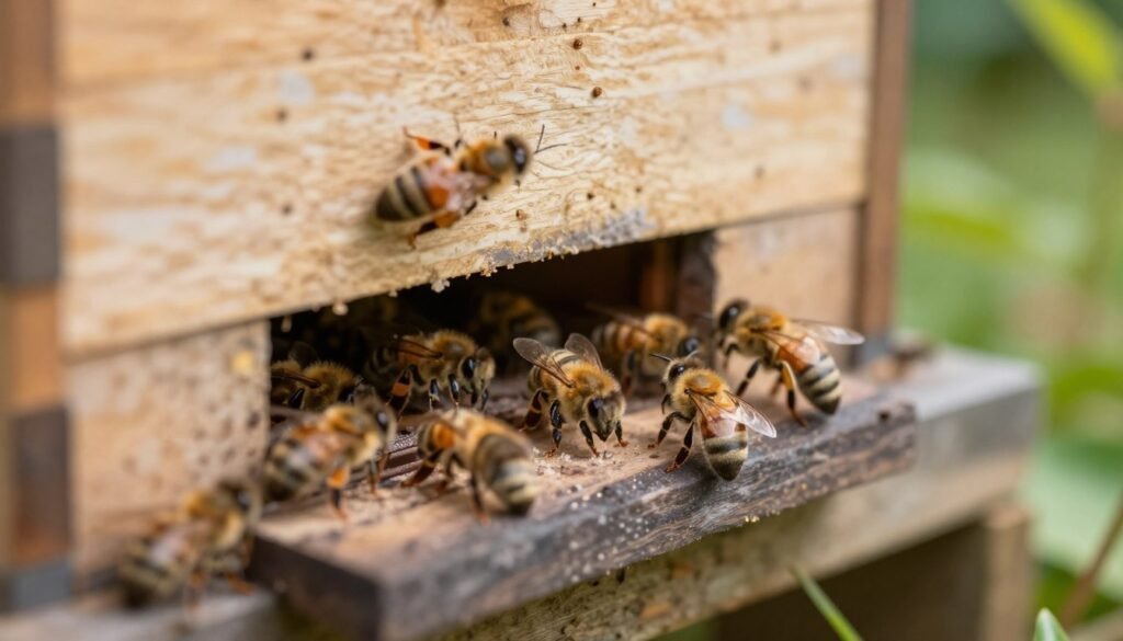 A detailed close-up view of a beehive entrance with a focus on an entrance reducer, depicting various common issues, such as blocked entrances and improper sizing. In the foreground, the reducer is prominently displayed, revealing a textured surface with visible wear and bee activity around it. In the middle ground, several bees are struggling to navigate the entrance, showing their natural behavior as they attempt to enter and exit. The background features elements of a backyard garden, with soft, natural lighting filtering through leaves, creating a warm, inviting atmosphere. The image is captured with a shallow depth of field to emphasize the reducer, using a macro lens to highlight intricate details. The mood conveys a sense of inquiry and troubleshooting, inviting viewers to understand the common challenges faced by bee colonies.