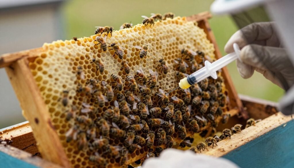 A detailed, close-up view of a beehive interior during a formic acid treatment, showcasing the application process. In the foreground, a beekeeper in professional attire carefully administering formic acid with a syringe, emphasizing precision and care. The middle layer captures the vibrant honeycomb filled with bees, illustrating a bustling hive activity, while some bees react to the treatment. The background features natural honeycomb structures and wooden hive frames, with soft light filtering through the hive opening, creating a warm, slightly hazy atmosphere. The focus is on the dynamic interaction between the bees and the treatment process, highlighting the importance of proper hive management in pest control. The overall mood conveys a sense of responsibility and innovation in beekeeping practices. A detailed, close-up view of a beehive interior during a formic acid treatment, showcasing the application process. In the foreground, a beekeeper in professional attire carefully administering formic acid with a syringe, emphasizing precision and care. The middle layer captures the vibrant honeycomb filled with bees, illustrating a bustling hive activity, while some bees react to the treatment. The background features natural honeycomb structures and wooden hive frames, with soft light filtering through the hive opening, creating a warm, slightly hazy atmosphere. The focus is on the dynamic interaction between the bees and the treatment process, highlighting the importance of proper hive management in pest control. The overall mood conveys a sense of responsibility and innovation in beekeeping practices.