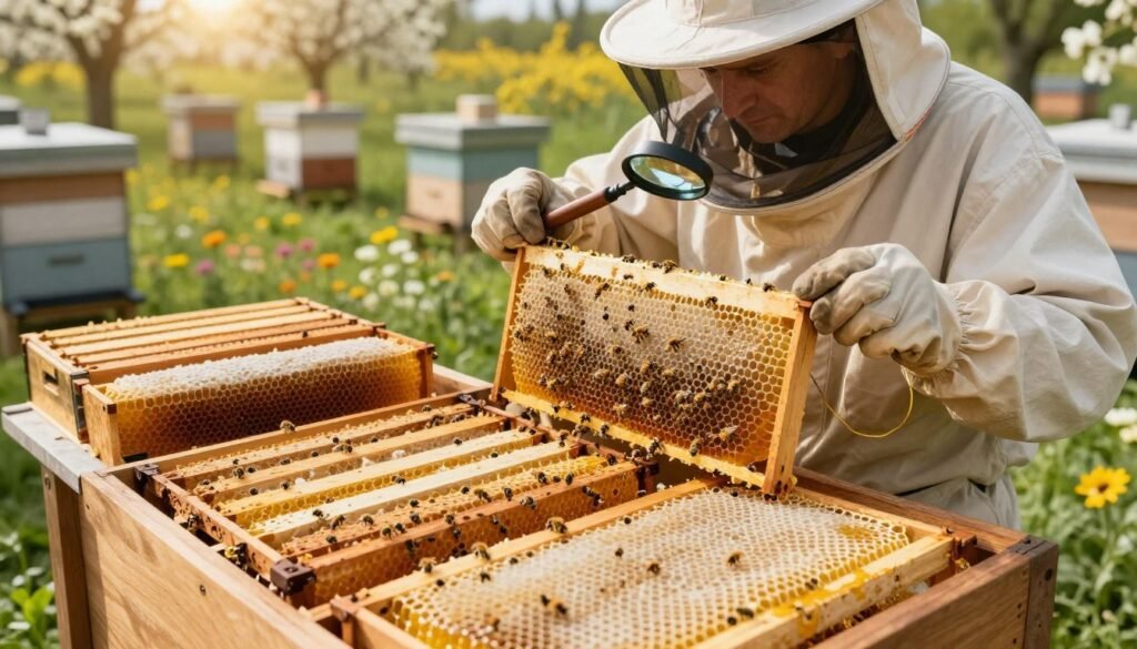 A detailed close-up view of a beekeeping goal evaluation scene, featuring an assortment of honeycomb foundations in various styles, including starter strips and full sheets. In the foreground, show a neatly organized layout of honeycomb frames on a wooden table, each frame displaying intricate cells filled with golden honey and bees busily working. The middle section should depict an experienced beekeeper, dressed in a professional beekeeping suit with a veil, thoughtfully inspecting the comb with a magnifying glass, highlighting the importance of goal evaluation for improved honey production. The background features a lush apiary with beehives basking in warm sunlight, surrounded by blooming flowers, creating a serene and productive atmosphere. Use soft, natural lighting to enhance the golden hues of the honey and the green of the environment, captured from a slightly elevated angle to provide depth.