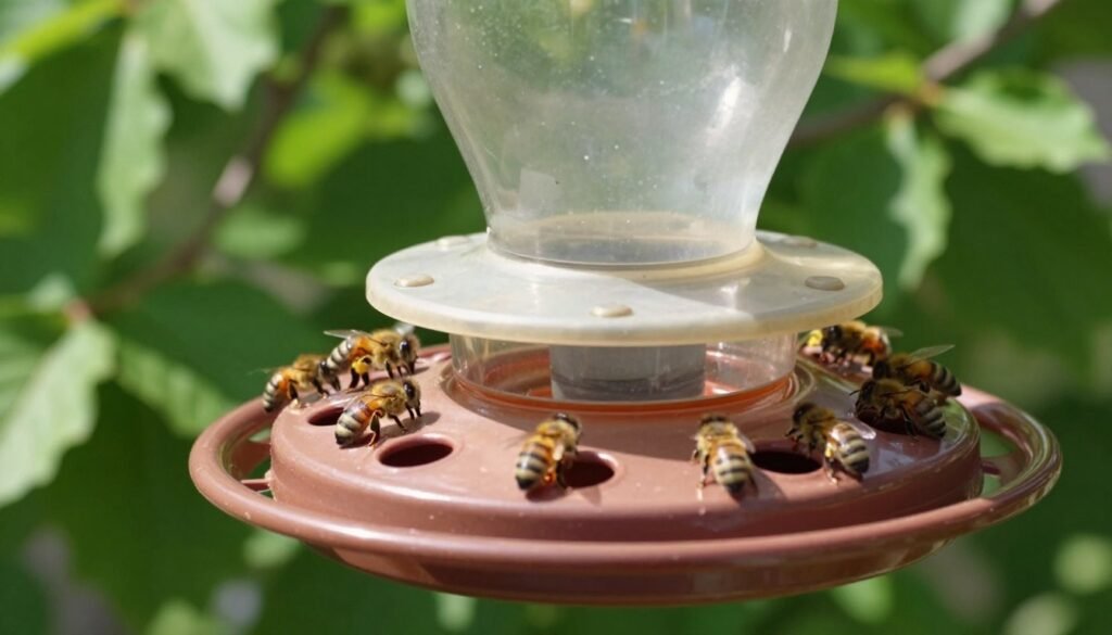A detailed, close-up view of a bucket bee feeder, showcasing its essential components. In the foreground, focus on the feeding holes, emphasizing size and design, clearly revealing how bees access the nectar. The middle-ground features the lid, designed for optimal bee access, crafted from durable materials with a secure fit. The background is a soft blur of lush green garden foliage to create an inviting outdoor atmosphere. Natural sunlight filters through leaves, casting gentle dappled light, enhancing the textures of the feeder. The angle is slightly elevated, providing a comprehensive view of the feeder in use, highlighting its practicality for bee care. The mood is serene and productive, reflecting a healthy environment for both bees and gardeners.