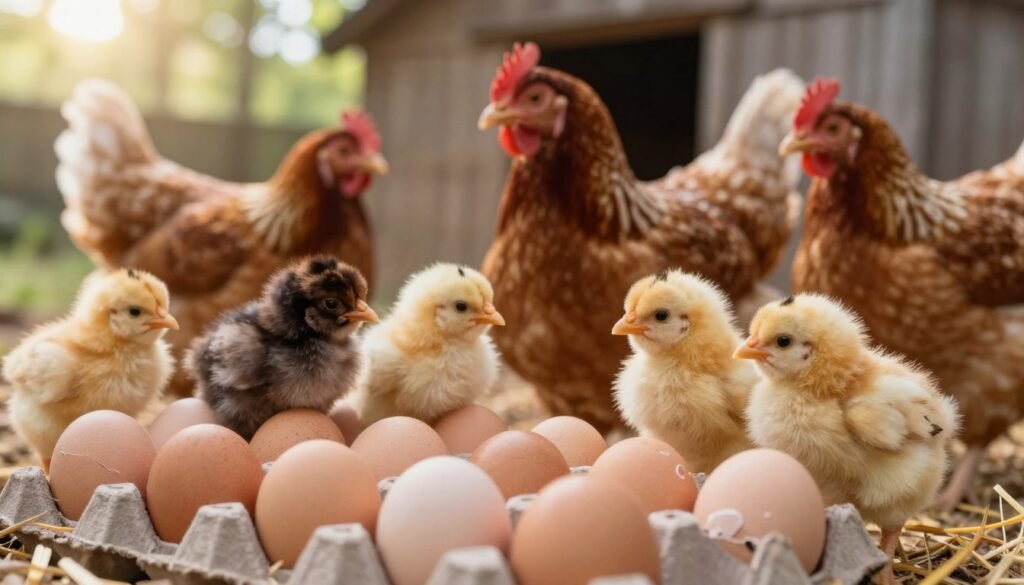 A detailed, close-up view of a chicken brood pattern exhibiting the characteristic "shotgun" arrangement. In the foreground, show a cluster of brooding eggs, some cracked, with baby chicks peeking out, highlighting a diverse mix of colors and fluffiness. The middle ground features a queen chicken observing her brood, surrounded by several attentive hen companions, all presented in a natural, well-lit environment. In the background, illustrate a rustic chicken coop with some straw scattered on the ground and soft sunlight filtering through trees, creating a warm, inviting atmosphere. The lighting should evoke a sense of tranquility and nurturing, with a shallow depth of field to focus on the chicks, while the background remains softly blurred, emphasizing the heart of the brood pattern.