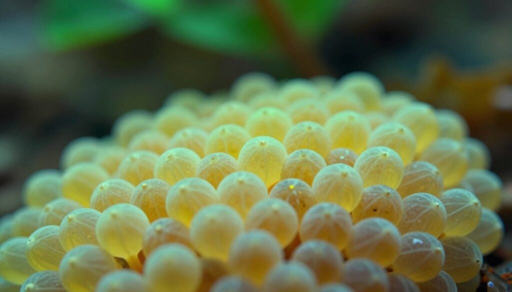 A detailed close-up view of a cluster of swarm cells, showcasing their intricate structures and vibrant colors. In the foreground, the swarm cells are depicted as small, spherical clusters with delicate membranes glowing in soft shades of yellow and green, reflecting light in a dynamic way. The middle ground features a blurred background of rich, blurred foliage to create a natural setting, hinting at their habitat. Soft, ambient lighting enhances the ethereal quality of the swarm cells, casting gentle shadows that emphasize their three-dimensional form. Capture this scene using a macro lens, with a shallow depth of field to focus on the cells, evoking a sense of wonder and highlighting the biological purpose of these fascinating organisms. Aim for a serene and inquisitive mood.