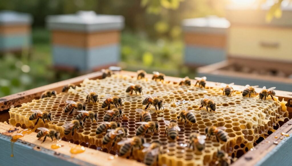 A detailed close-up view of a foundationless beehive, showcasing cells of honeycombs at different levels. In the foreground, vibrant bees are actively working on the comb, with some building new hexagonal structures. The middle ground features uneven frames and chaotic comb patterns that illustrate cross combing, with honey dripping between the cells. In the background, a blurred hive surrounded by a lush garden gives a sense of natural habitat. Soft, warm sunlight filters through the leaves, creating a tranquil atmosphere. Use a macro lens to capture intricate details of bees and honeycomb, while maintaining a smooth bokeh effect for depth. The overall mood should evoke a sense of harmony with nature, yet raise awareness of the cross comb issue faced by bees in foundationless hives. A detailed close-up view of a foundationless beehive, showcasing cells of honeycombs at different levels. In the foreground, vibrant bees are actively working on the comb, with some building new hexagonal structures. The middle ground features uneven frames and chaotic comb patterns that illustrate cross combing, with honey dripping between the cells. In the background, a blurred hive surrounded by a lush garden gives a sense of natural habitat. Soft, warm sunlight filters through the leaves, creating a tranquil atmosphere. Use a macro lens to capture intricate details of bees and honeycomb, while maintaining a smooth bokeh effect for depth. The overall mood should evoke a sense of harmony with nature, yet raise awareness of the cross comb issue faced by bees in foundationless hives.