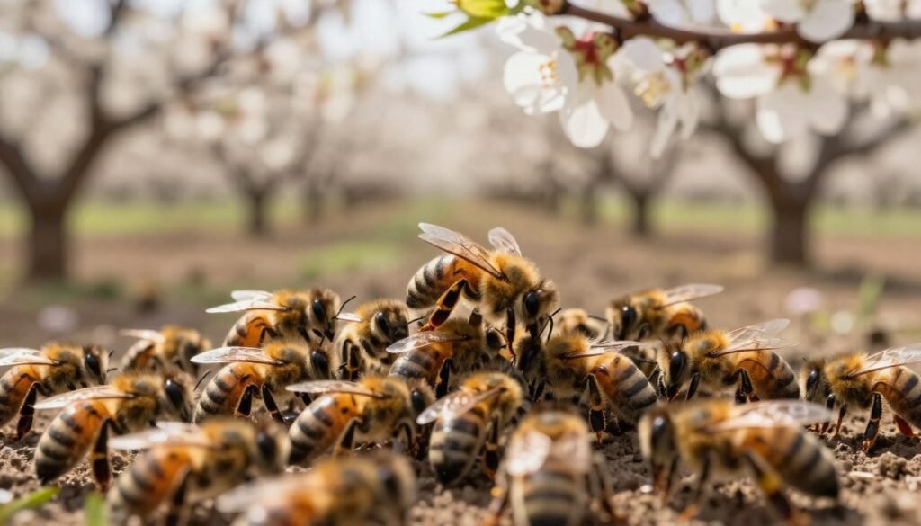 A detailed, close-up view of a group of vibrant mating nucleus colonies in a lush almond orchard. In the foreground, focus on the brightly colored, busy worker bees surrounding a queen bee, highlighting their intricate patterns and textures as they engage in natural mating behavior. In the middle, soft-focused almond blossoms create a dreamy backdrop, with gentle sunlight filtering through the leaves, casting dappled shadows on the scene. The background features rows of thriving almond trees, creating a serene atmosphere. Use a shallow depth of field to draw attention to the colonies. The lighting should be warm and inviting, suggesting a peaceful morning in spring. The overall mood is harmonious and illustrative of the vital role of bee colonies in pollination.