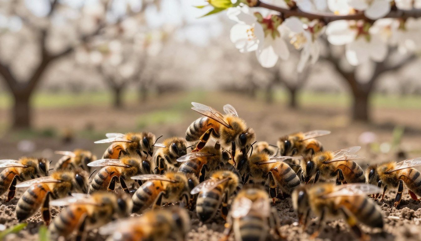 A detailed, close-up view of a group of vibrant mating nucleus colonies in a lush almond orchard