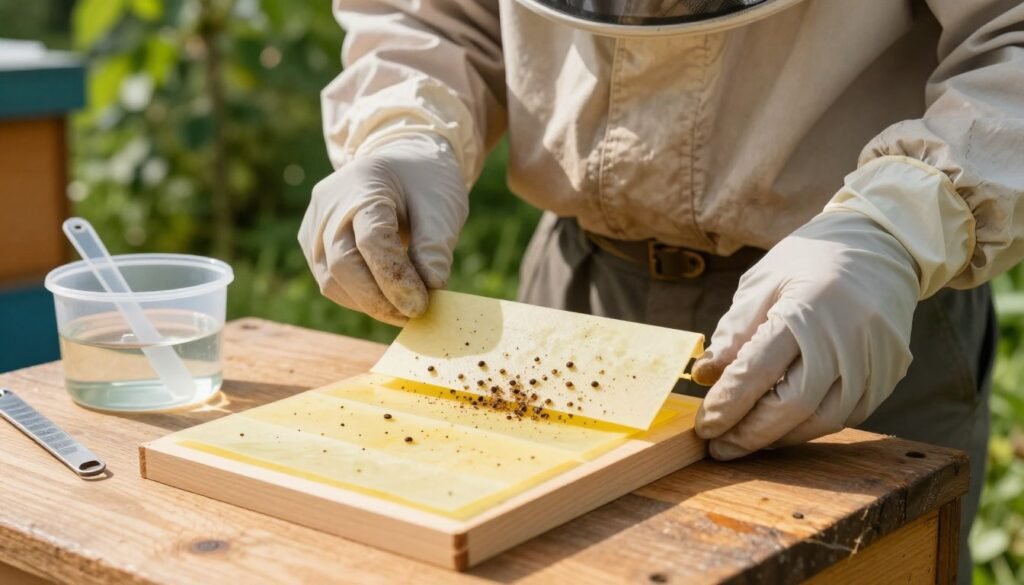 A detailed close-up view of a mite counting sticky board placed on a wooden outdoor table, surrounded by essential beekeeping tools. In the foreground, the sticky board features visible mite counts and yellow sticky sheets, while an alcohol wash container with clear liquid and a measuring tool is beside it. The middle ground reveals a pair of latex-gloved hands carefully handling the board, wearing a modest, professional beekeeping suit. In the background, lush green foliage suggests a backyard setting, softly blurred to emphasize the tools in focus. Natural daylight streams in, casting warm, inviting tones that create a dedicated and serene atmosphere for beekeeping. The composition captures the essence of thorough varroa monitoring in a backyard beekeeping context, ensuring clarity and professionalism.