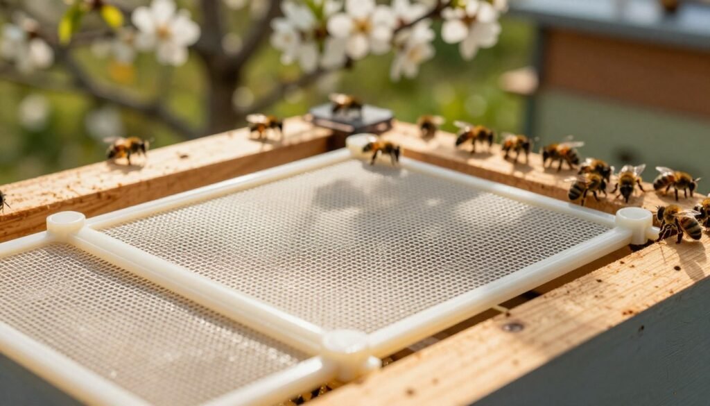 A detailed, close-up view of a plastic queen excluder placed on a wooden beehive frame, showcasing its fine mesh and sturdy construction. In the foreground, highlight the texture of the plastic material, glistening subtly under natural light. The middle ground features bees bustling around the hive, emphasizing their activity and interaction with the equipment. In the background, a soft-focus image of a blooming garden adds a vibrant atmosphere, hinting at a thriving ecosystem. The lighting is warm and inviting, casting gentle shadows to enhance the three-dimensional effect of the excluder. The overall mood is one of harmony and productivity, illustrating the importance of selecting quality beekeeping equipment.