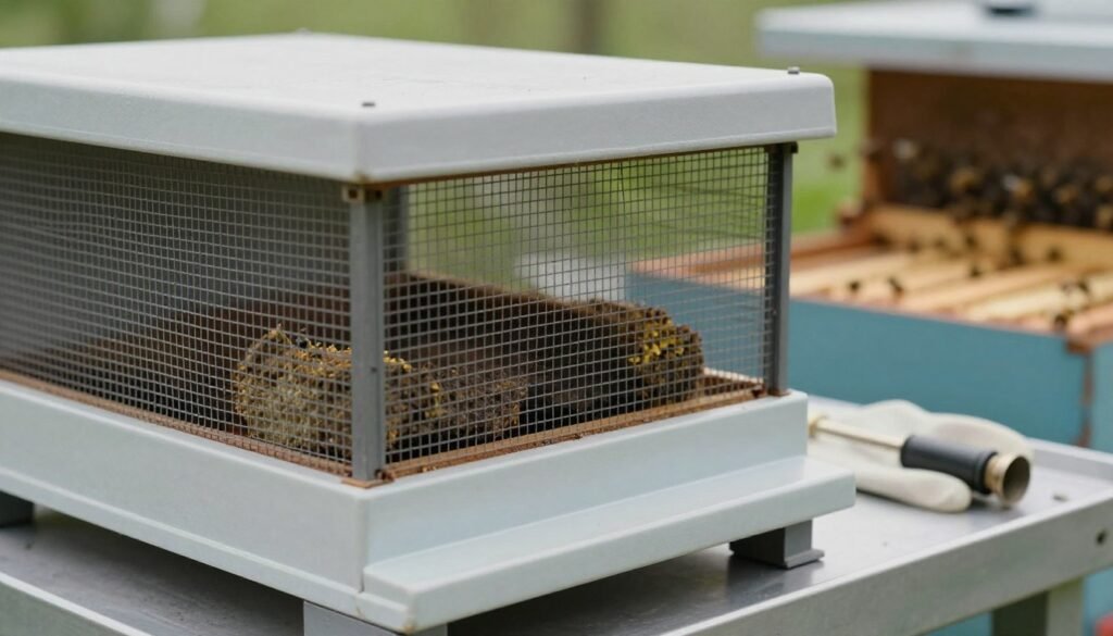 A detailed, close-up view of a push-in queen cage, reflecting its essential features such as fine mesh, a distinctive feeding compartment, and smooth exterior. The foreground captures the cage resting on a clean, sanitized work surface, with a soft, diffused lighting to highlight the cage's intricacies. In the middle ground, a subtle presence of beekeeping tools, like gloves and a smoker, conveys the context of colony management. The background features a blurred hive with bees around, capturing the atmosphere of an apiary during a calm day. The overall mood is focused and professional, emphasizing the importance of assessing colony temperament in a sterile environment. The scene is framed with a slight angle for depth, using a macro lens effect to enhance the texture of the cage.